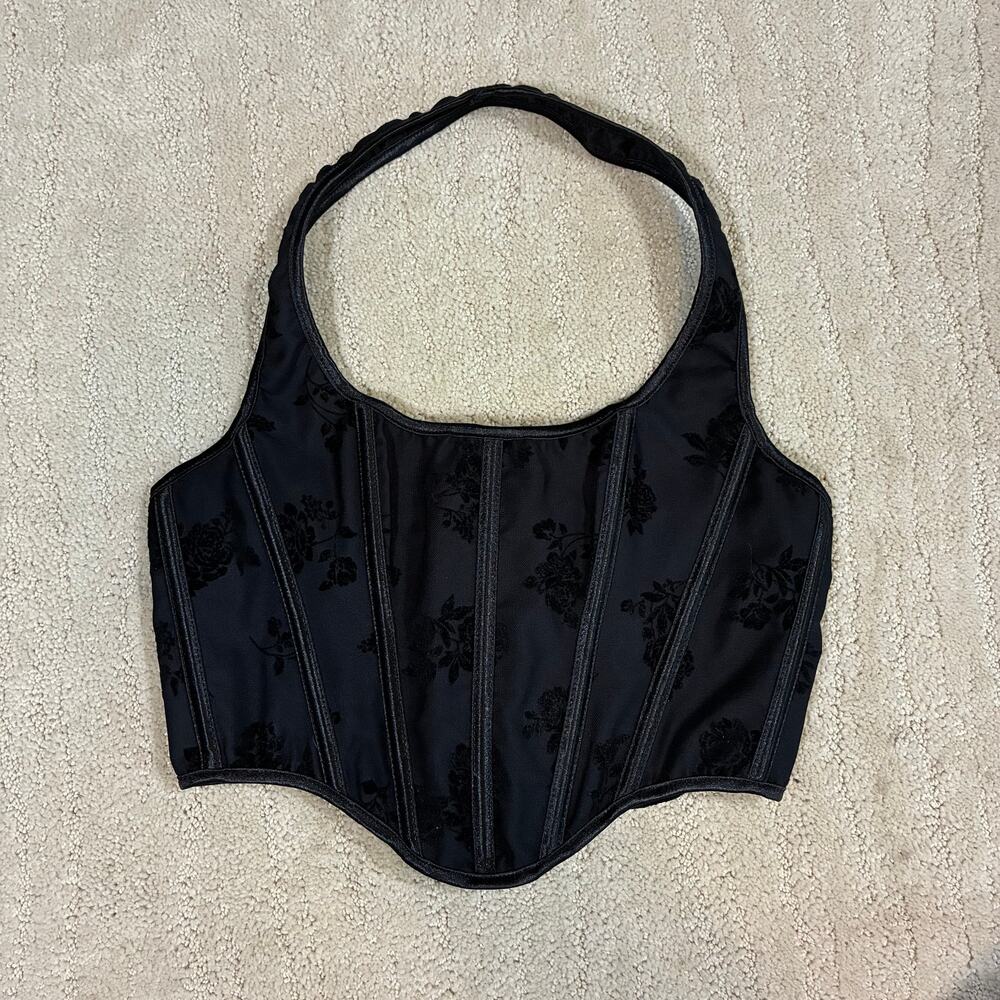 Whimsigoth Romantic Women M Black Velvet Floral Halter Corset Top With Boning